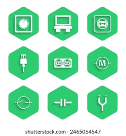 Set Electrical outlet, circuit scheme, cable, USB cord,  and light switch icon. Vector