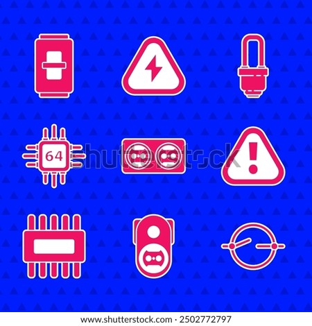 Set Electrical outlet, circuit scheme, Exclamation mark in triangle, Processor with microcircuits CPU, LED light bulb and switch icon. Vector