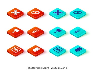 Set Elektrische Steckdose, Geschlossene Tür, Putty-Messer, Winkelschleifer, Zahnrad und gekreuzte Lineal-Symbol. Vektorgrafik
