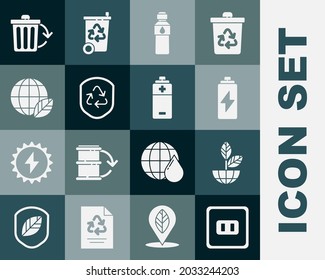 Set Electrical outlet, Earth globe and plant, Battery, Bottle of water, Recycle symbol inside shield, leaf, bin with recycle and  icon. Vector