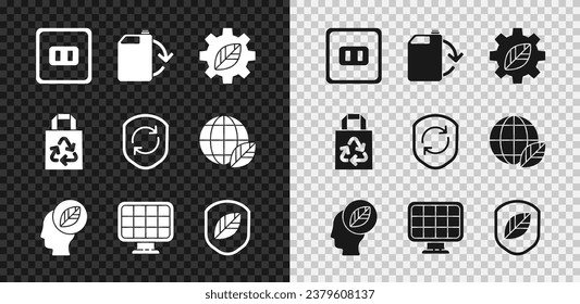 Set Electrical outlet, Eco fuel canister, Leaf plant in gear machine, Human head with leaf inside, Solar energy panel, Shield, Paper bag recycle and Recycle symbol shield icon. Vector