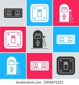 Set Elektrische Steckdose, Elektrischer Lichtschalter und Elektrische Ladestation Symbol. Vektorgrafik
