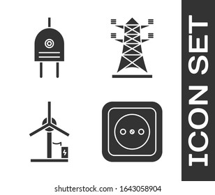 Set Electrical outlet, Electric plug, Wind turbine and High voltage power pole line icon. Vector