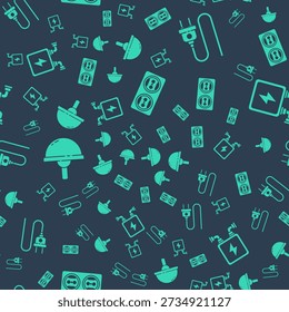 Set Electrical outlet, Electric plug, Light emitting diode and Electric transformer on seamless pattern. Vector