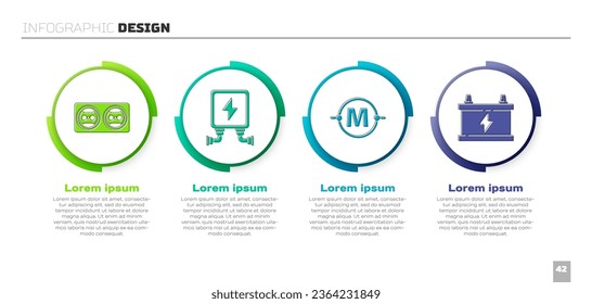 Set Electrical outlet, Electric transformer, Electric circuit scheme and Car battery. Business infographic template. Vector