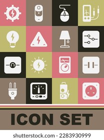 Set Electrical outlet, Electrolytic capacitor, Switch in electronic circuit, Computer mouse, High voltage, Creative lamp light idea, Gear and lightning and Table icon. Vector