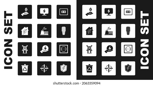 Set Electrical outlet, Factory, Eco friendly house, Plant in hand, LED light bulb, Lightning bolt,  and Wind turbine icon. Vector