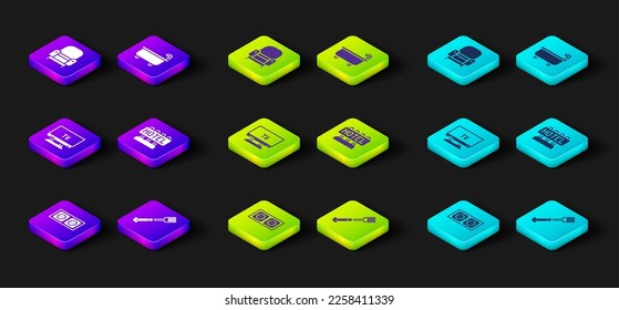 Set Electrical outlet, Fork, Smart Tv, Signboard with text Hotel, Bathtub and Armchair icon. Vector