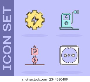 Set Electrical outlet, Gear and lightning, Charging parking electric car and charging station icon. Vector