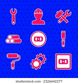Set Electrical outlet, Gear, Rasp metal file, Paint roller brush, Industry metallic pipe, Hammer and wrench spanner and Wrench icon. Vector
