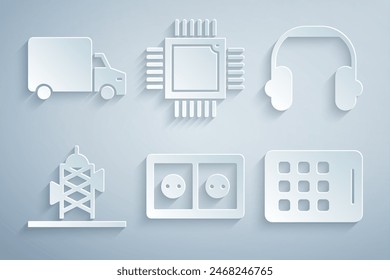 Set Electrical outlet, Headphones, Antenna, Graphic tablet, Processor with microcircuits CPU and Delivery cargo truck icon. Vector