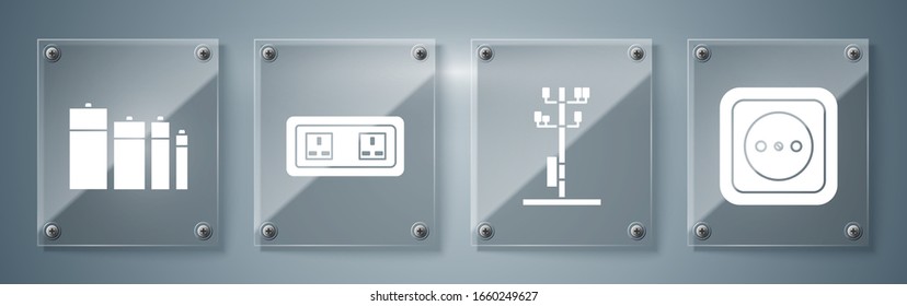 Set Electrical outlet, High voltage power pole line, Electrical outlet and Battery. Square glass panels. Vector