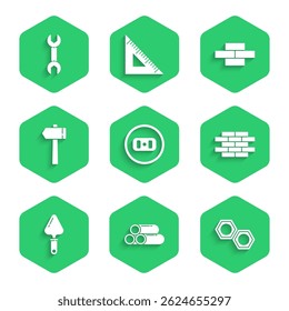 Set Electrical outlet, Industry metallic pipe, Hexagonal nut, Bricks, Trowel, Hammer,  and Wrench spanner icon. Vector