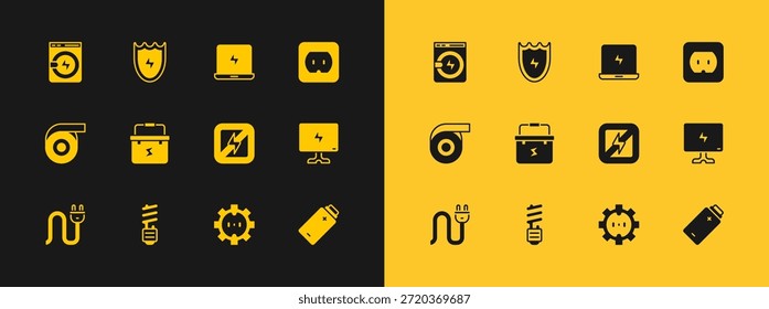 Set Elektrische Steckdose, LED-Glühbirne, Kein Blitz, Werkzeugkasten Elektriker, Laptop, Waschmaschine und Blitz und Schild Symbol. Vektorgrafik