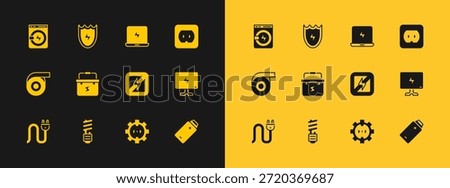 Set Electrical outlet, LED light bulb, No lightning, Toolbox electrician, Laptop, Washer and Lightning and shield icon. Vector