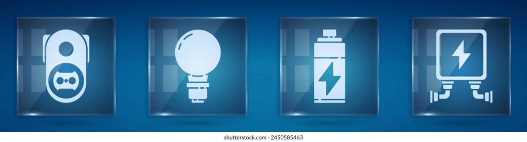 Set Electrical outlet, Light bulb with concept of idea, Battery and Electric transformer. Square glass panels. Vector