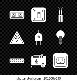 Set Electrical outlet, light switch, cable, extension cord, Portable power electric generator, in the USA, High voltage sign and plug icon. Vector