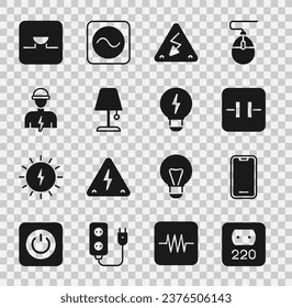Elektrische Steckdose, Mobiltelefon, Elektrolytkondensator, Hochspannung, Tischlampe, Elektriker, Buzzer in elektronischen Schaltungen und Creative Light Idee Symbol. Vektorgrafik