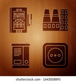 Set Electrical outlet, Electrical panel, Car battery and Power station plant and factory on wooden background. Vector