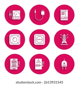 Set Electrical outlet, panel, plug, High voltage power pole line, light switch, Car battery and Ampere meter, multimeter, voltmeter icon. Vector