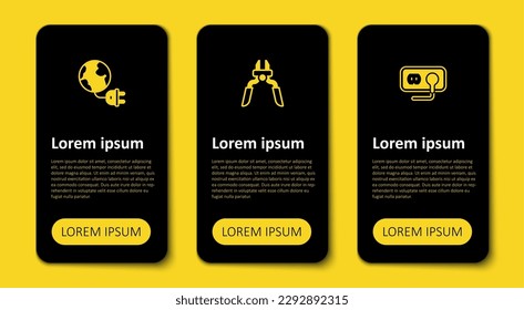Set Electrical outlet, Pliers tool and Global energy planet with plug. Business infographic template. Vector