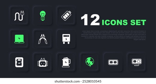 Set Toma de corriente eléctrica, herramienta de alicates, planeta global con rayo, computadora portátil, enchufe eléctrico, idea de luz de lámpara creativa e icono de caldera. Vector