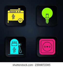Set Electrical outlet, Portable power electric generator, Electric car charging station and Light bulb. Black square button. Vector