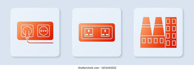 Elektrische Steckdose, elektrische Steckdose, Kraftwerk und Fabrik. Weißer Quadrat-Knopf. Vektorillustration