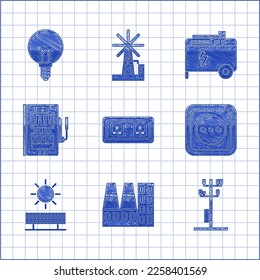Set Electrical outlet, Power station plant and factory, High voltage power pole line, Solar energy panel sun, Portable electric generator and Light bulb icon. Vector