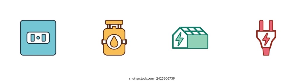 Set Electrical outlet, Propane gas tank, Solar energy panel and plug icon. Vector