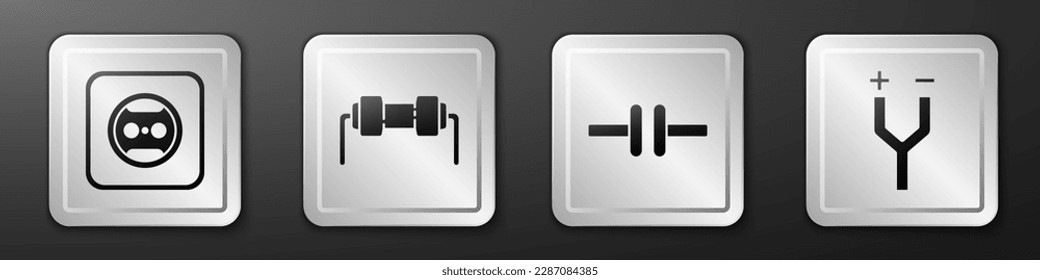 Ajuste toma eléctrica, electricidad de resistencia, esquema de circuito eléctrico e icono de cable eléctrico. Botón cuadrado plateado. Vector