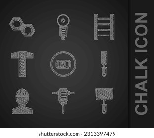 Ajuste Salida eléctrica, perforación de martillo rotativa, cuchillo de putty, archivo de metal de Rasp, casco de seguridad de los trabajadores, línea cuadrada de T, escalera de madera e icono de tuerca hexagonal. Vector