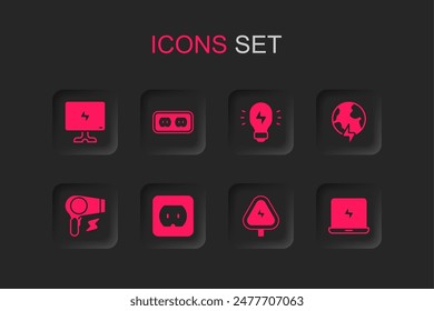Set Toma de corriente eléctrica, Smart Tv, alta tensión, planeta global con rayo, portátil, idea de luz de lámpara creativa e icono de secador de pelo. Vector