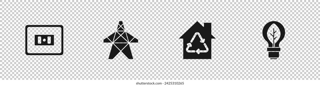 Set Electrical outlet, tower, Eco House with recycling and Light bulb leaf icon. Vector