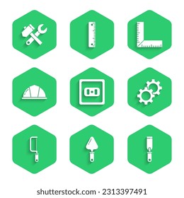 Set Electrical outlet, Trowel, Rasp metal file, Gear, Hacksaw, Worker safety helmet, Corner ruler and Hammer and wrench spanner icon. Vector