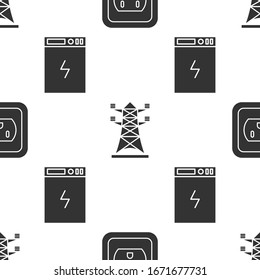 Stecken Sie Elektrische Steckdose in den USA, Hochspannungs-Stangenleitung und Strombank auf nahtloses Muster. Vektorillustration