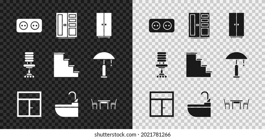 Ponga enchufe eléctrico, armario, ventana en la habitación, lavabo con grifo de agua, silla de mesa de madera, icono de oficina y escalera. Vector