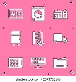 Set Electrical outlet, Washer, House, Refrigerator, Meteorology thermometer, Delivery cargo truck, Graphic tablet and Smart Tv icon. Vector
