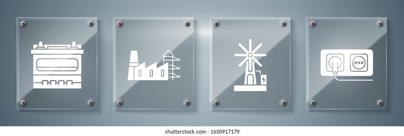 Ponga en funcionamiento la toma eléctrica, la turbina eólica, la central eléctrica y la batería de fábrica y Camión. Paneles de vidrio cuadrado. Vector