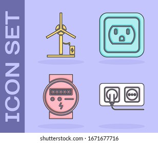 Set Electrical outlet, Wind turbine, Electric meter and Electrical outlet in the USA icon. Vector