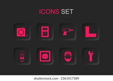 Set Electrical outlet, Window in room, Roulette construction, Builder, Corner ruler, Adjustable wrench, drill machine and Light bulb icon. Vector