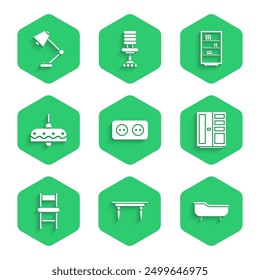 Set Electrical outlet, Wooden table, Bathtub, Wardrobe, Chair, Chandelier, Library bookshelf and Table lamp icon. Vector
