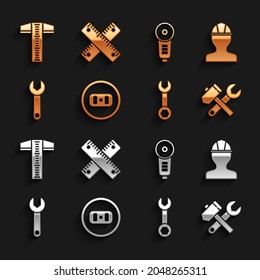 Set Electrical outlet, Worker safety helmet, Hammer and wrench spanner, Wrench, Angle grinder, T-square line and Crossed ruler icon. Vector