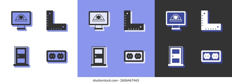 Set Electrical outlet, Worker safety helmet, Closed door and Corner ruler icon. Vector