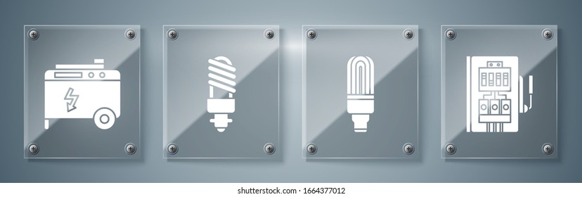 Set Electrical panel, LED light bulb, LED light bulb and Portable power electric generator. Square glass panels. Vector