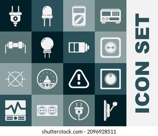 Set Electrical panel, light switch, outlet, Multimeter, Light emitting diode, Resistor electricity, plug and Battery charge level indicator icon. Vector