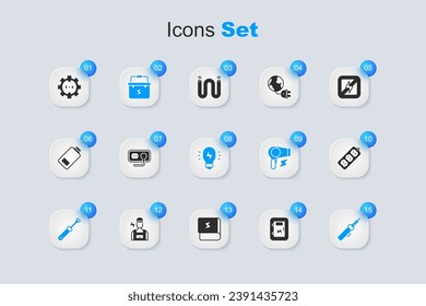 Set Electrical panel, outlet, Toolbox electrician, Screwdriver, Soldering iron, extension,  and Creative lamp light idea icon. Vector