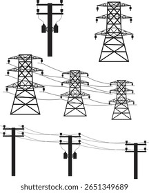 Conjunto de polos elétricos e torres de transmissão de energia silhueta vetorial.
