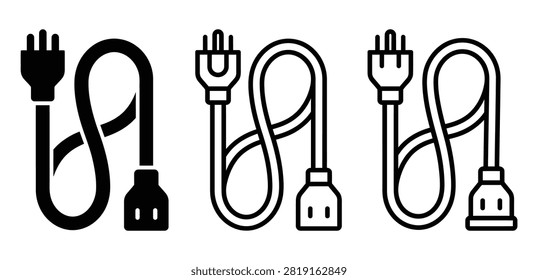 Set of electrical power extension cord icons in black and white line art styles