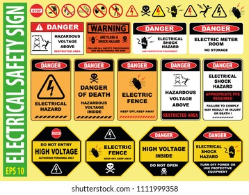 SET OF ELECTRICAL SAFETY SIGN - (high Voltage, Electric Fence, Do Not Touch, Keep Away, Hazardous, Restricted Area, Keep Out, Live Wires, Do Not Enter, Shock Burn)